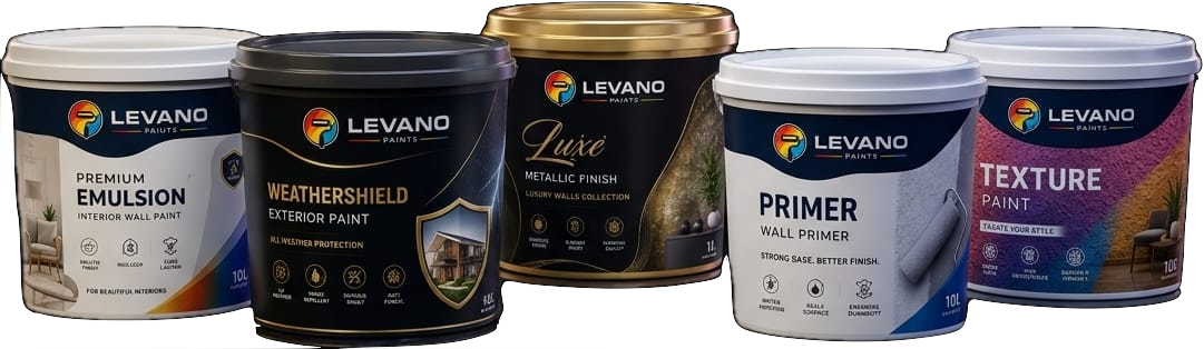 Levano Paints product lineup — Emulsion, Weathershield, Luxe Metallic, Primer, Texture Paint